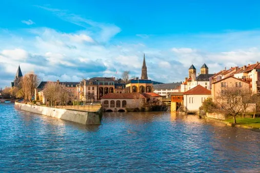 view of metz city, lorraine area of france horizontal shot the moselle river flows through the ancient town of metz