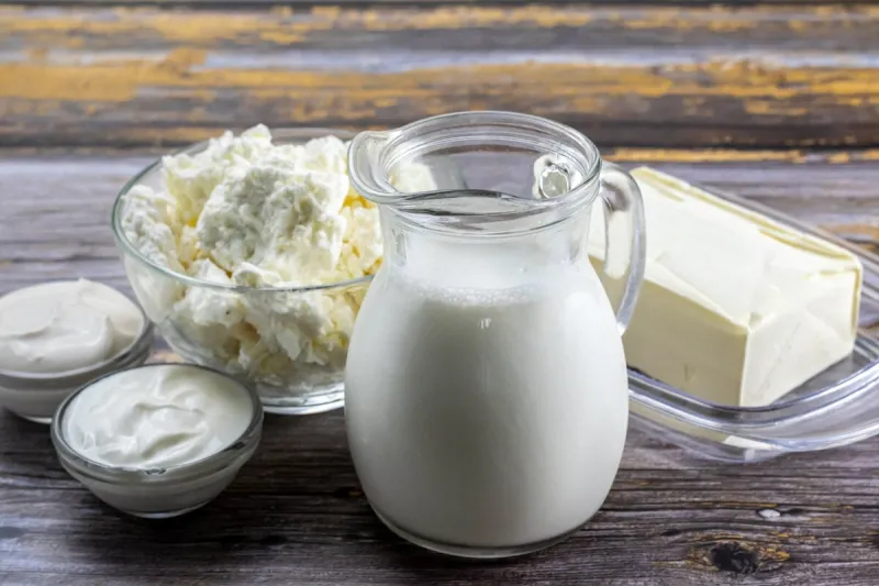 fresh dairy products, milk, cottage cheese, yogurt, sour cream and butter on a wooden background