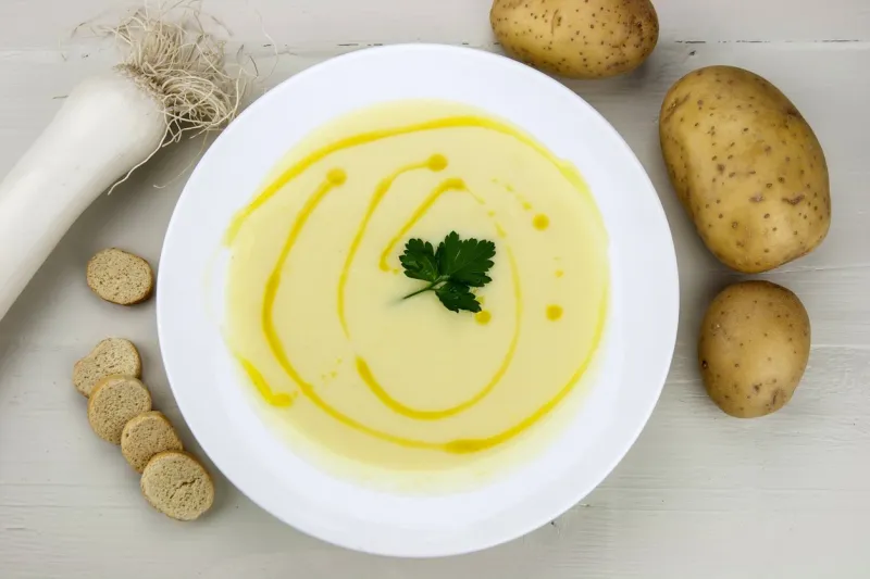 italian potato and leek soup with olive oil, parsley and croutons