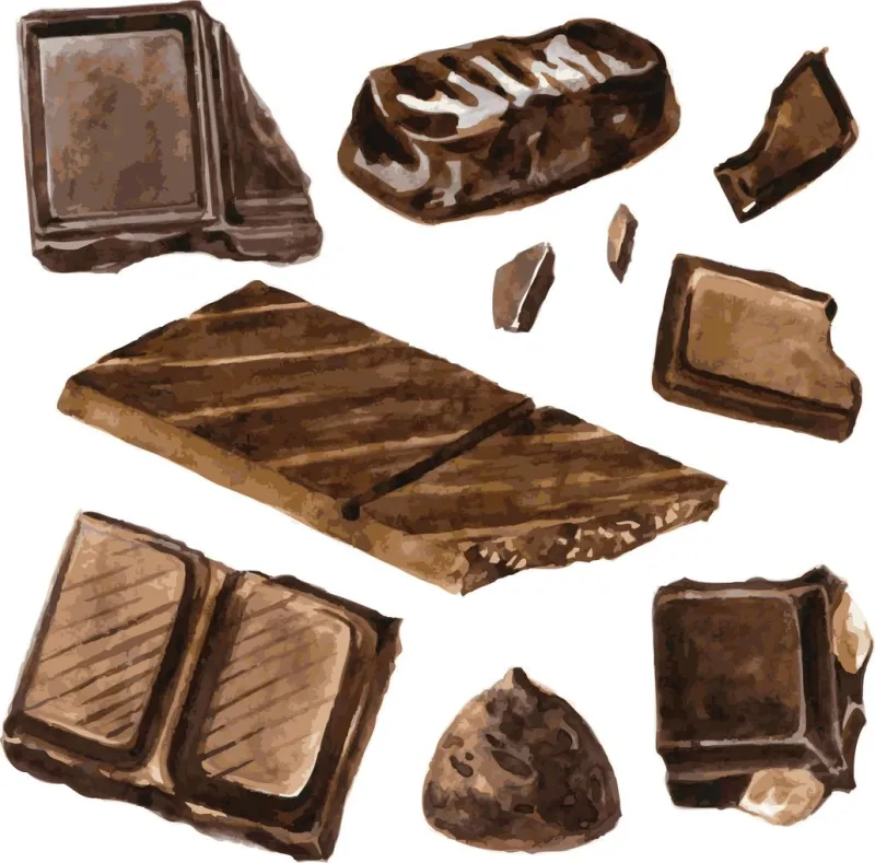 set of chocolates drawing by watercolor at white background, hand drawn design elements