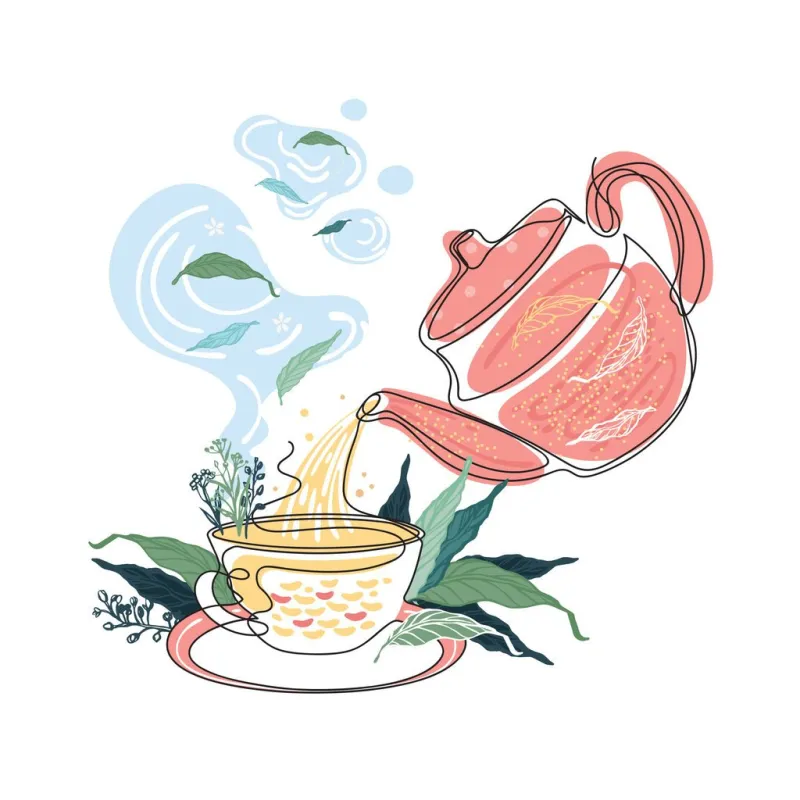 tea is pouring into a cup from a teapot kettle and cup tea leaves and plants one line drawing continuous line