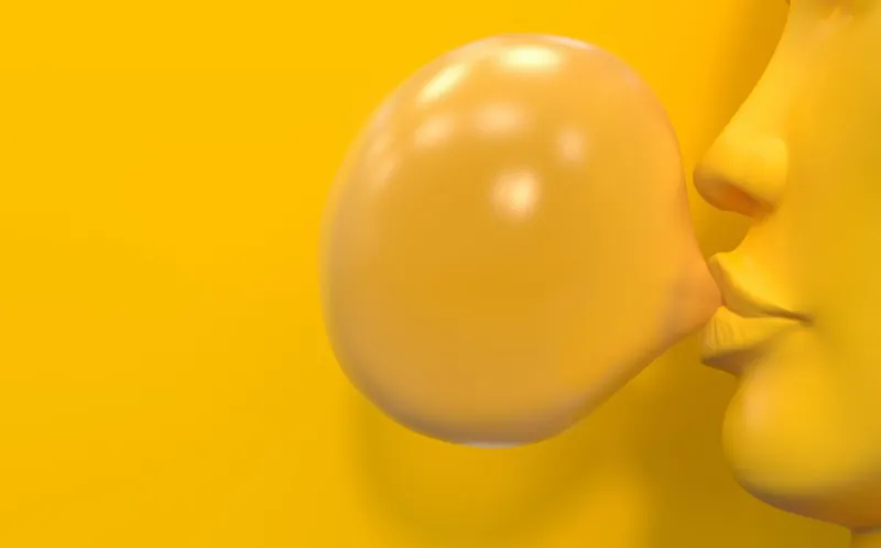 a yellow mannequin with a female face inflates a bubble of chewing gum yellow bubble gum on a yellow background creative conceptual illustration with copy space 3d render