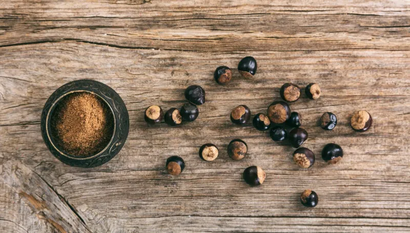 guarana beans and powder on wooden background, top view