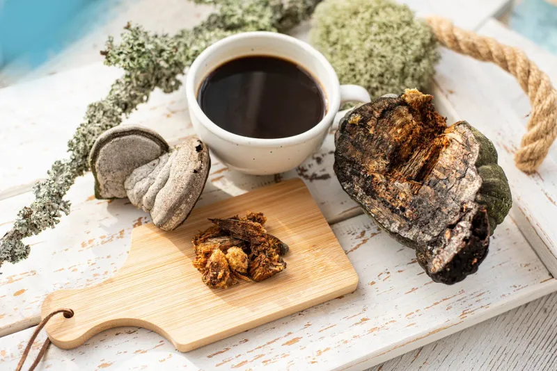 mushroom coffee chaga superfood dried mushrooms and and a cup of coffee healthy organic energizing adaptogen, endurance boosting food trends