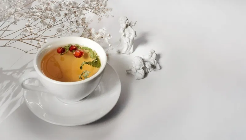 herbal tea with red hawthorn berries, top view, space for text