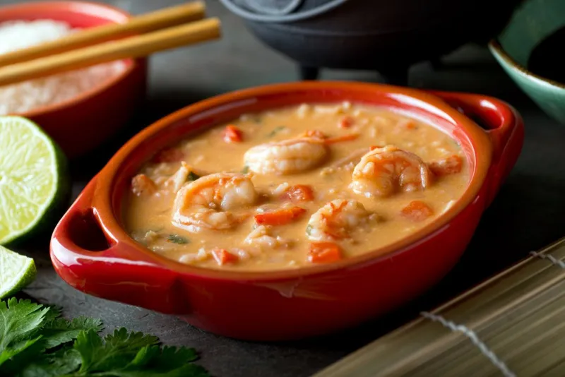 a bowl of delicious thai red curry coconut shrimp soup with rice