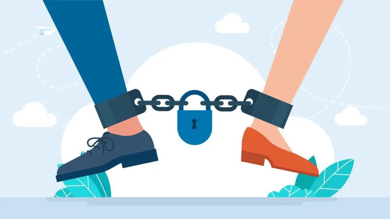 chained in marriage husband and wife shackled couple in love suffers from lack personal freedom controlled family slave, tying up or restraining life partner, heavy unity load flat illustration