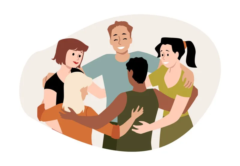 unity and support vector concept  illustration of a close circle of diverse men and women in a group hug symbolizing togetherness on a white isolated background close-up of sticker design