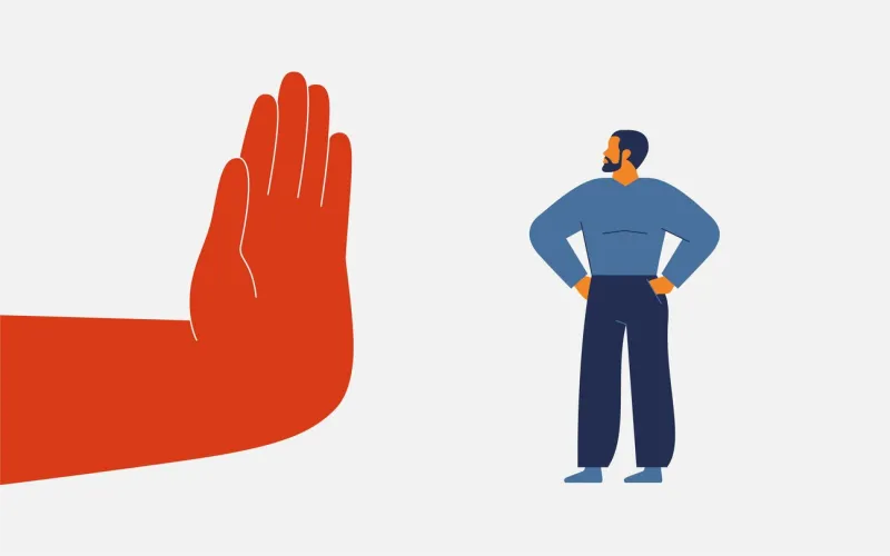 discrimination for men human hand showing stop gesture for white man restriction legal rights for males in social life and business vector illustration