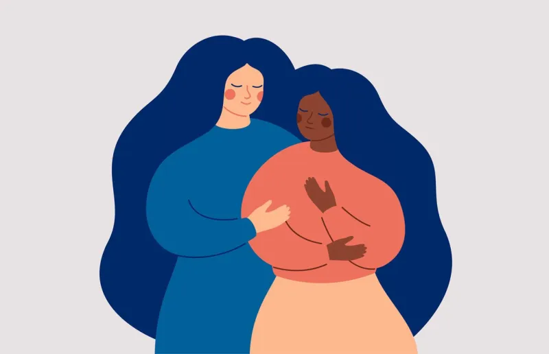 friends support concept a white woman comforts her best friend who in stress and depression a black girl is in a difficult situation and needs help vector illustration