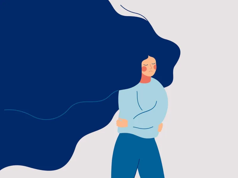 a sad woman with flowing hair runs away from the problems in her life the depressed teenager withdrew into himself, hugging his elbows colorful vector illustration in flat cartoon style