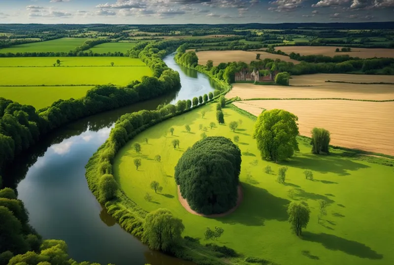a beautiful aerial picture of verdant meadows and the seine river in rural france northern france's ile de france region, val d'oise department generative ai