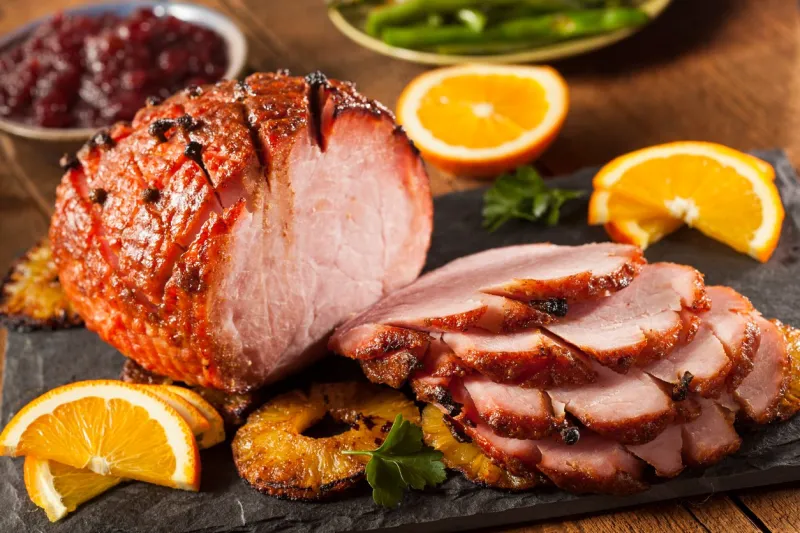 traditional sliced honey glazed ham ready for the holidays