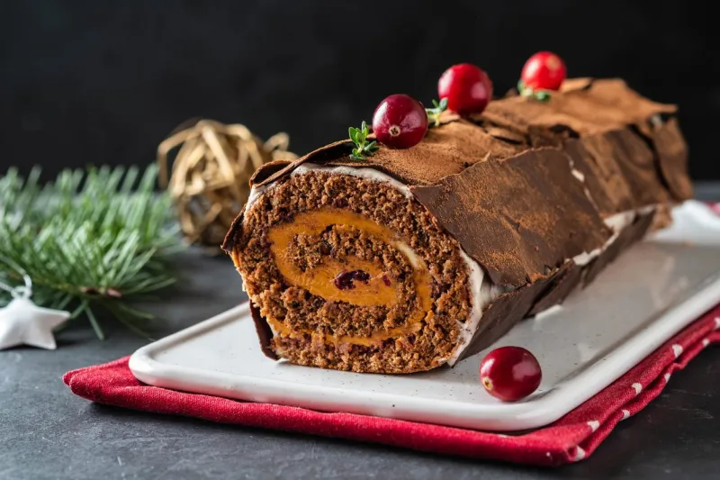 traditional christmas dessert, christmas yule log cake with chocolate cream, cranberry and rosemary twigs on stone gray background with christmas tree branches, copy space top view