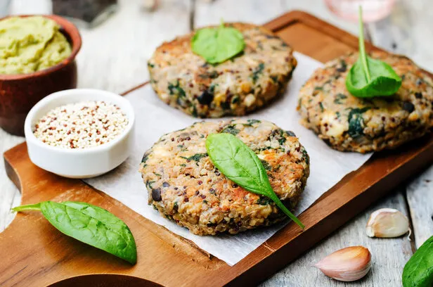 vegan quinoa eggplant spinach chickpeas burger toning selective focus