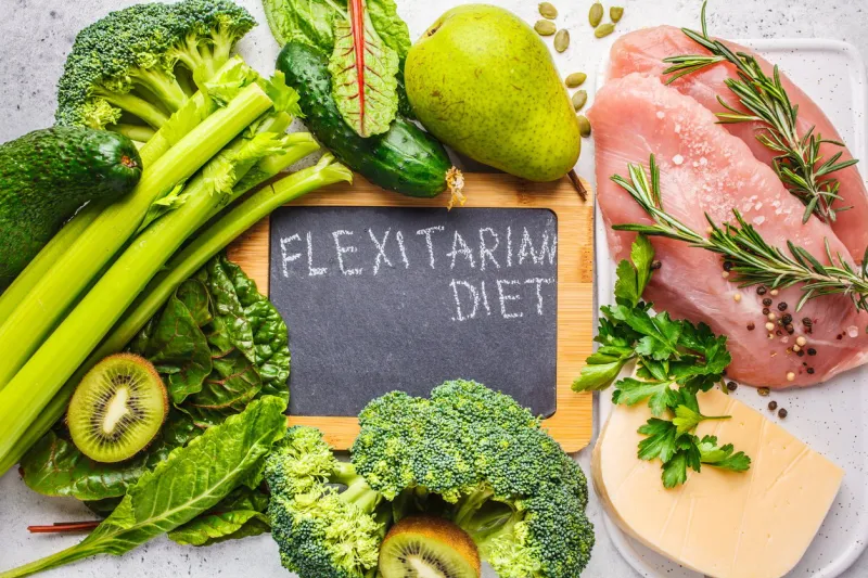 flexitarian diet background concept, top view vegetables, fruits, meat and cheese - a healthy diet