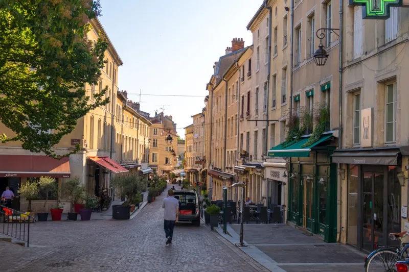 nancy, france - august 31, 2019  street view with stores, cafes and restaurants in the old town of nancy, lorraine, france