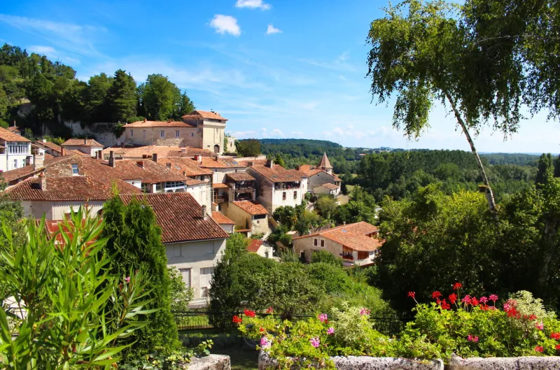 view of the charming village of aubeterre sur dronne with its typical old houses