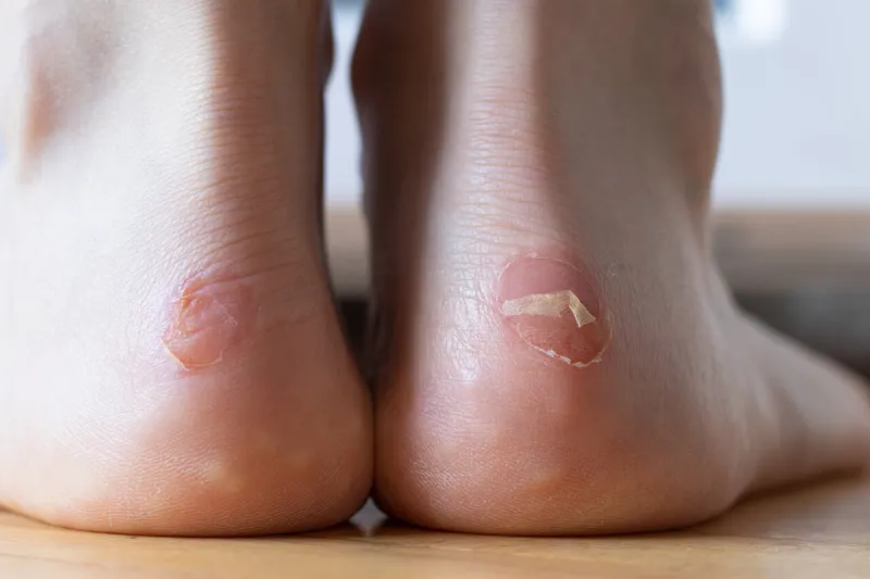 blister on a barefoot female heel a closeup painful dry callus on a woman's feet skin dermatology problem, uncomfortable skin condition