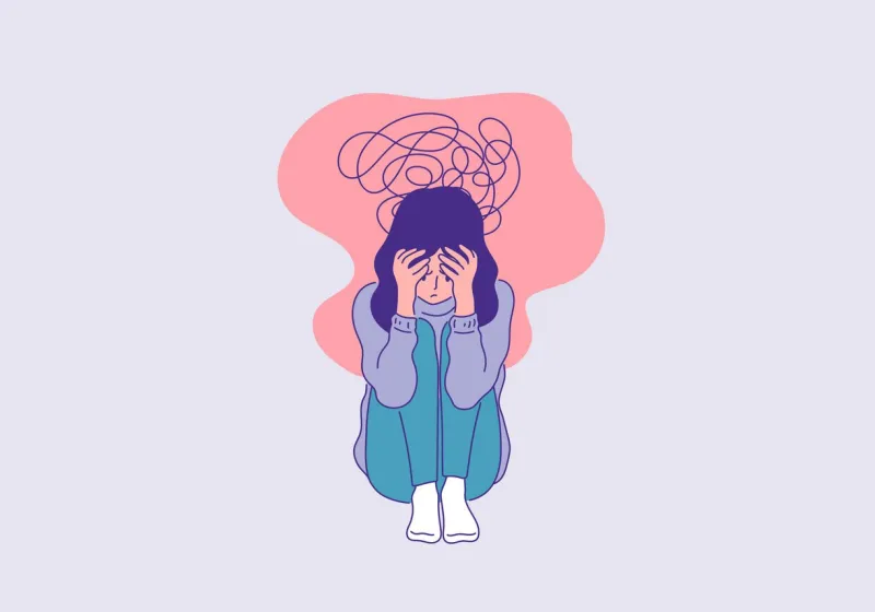 depressed woman sitting face palm pose outline colored illustration mental health and illness conceptual