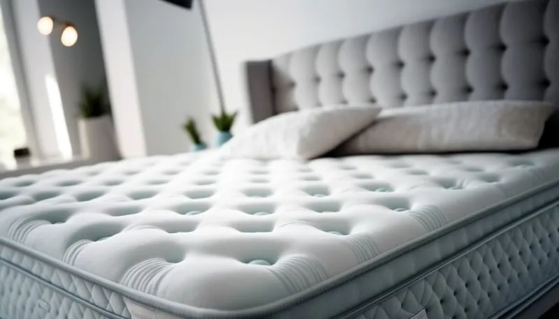 a bed with a white mattress and a white pillow on it's headboard and a mirror in the background with a plant in the foreground generative ai