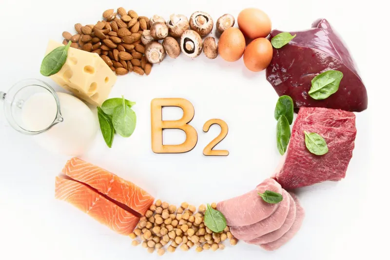 food rich in vitamin b2 (riboflavin) healthy food top view