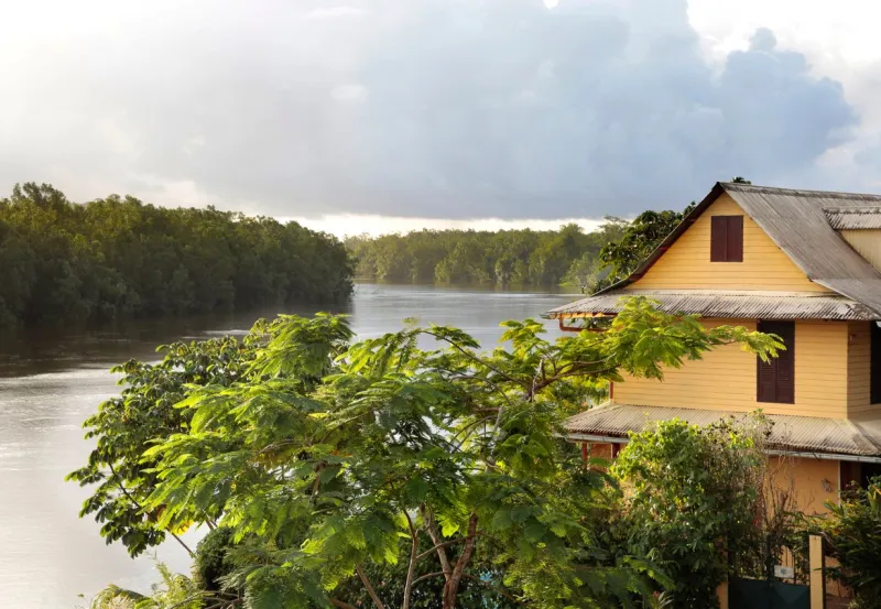 view on oyak river, roura village, french guiana france