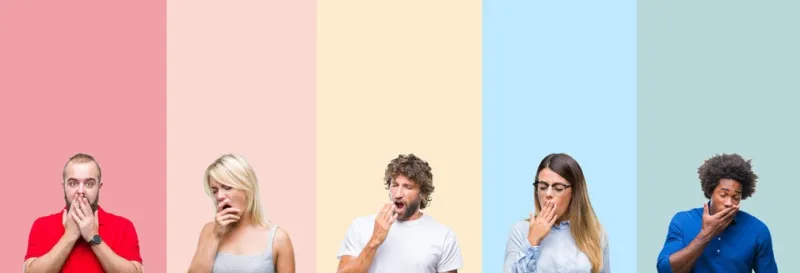 collage of group of young people over colorful vintage isolated background bored yawning tired covering mouth with hand restless and sleepiness