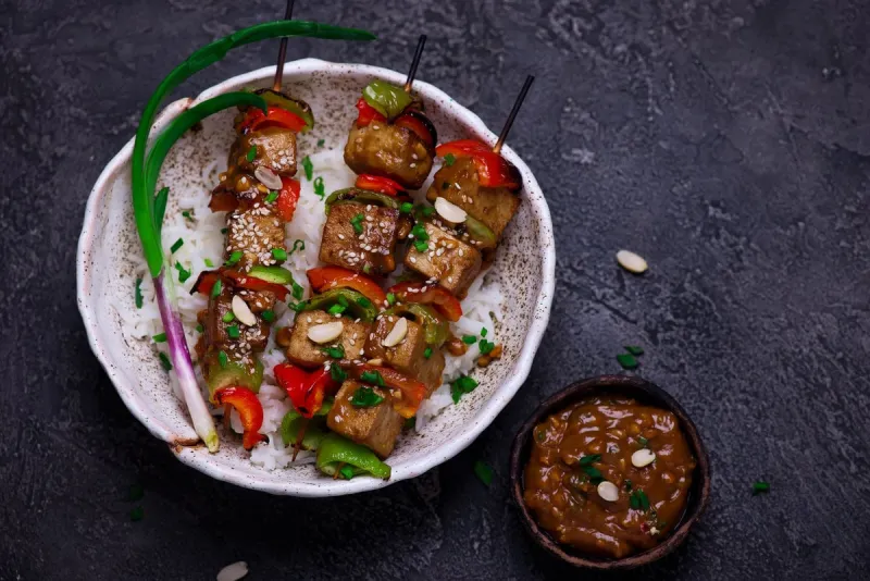 tofu and sweet pepper skewersstyle rusticselective focus