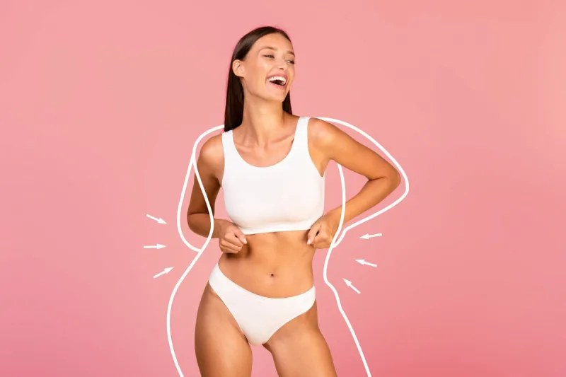 body care concept happy young woman with slim body in underwear posing over pink background, joyful millennial female with silhouette outlines around figure enjoying result of weightloss, collage