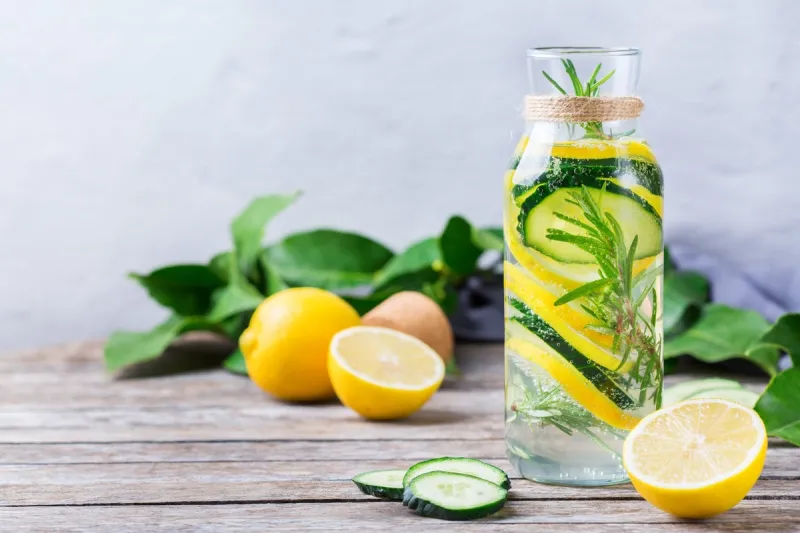 health care, fitness, healthy nutrition diet concept fresh cool lemon cucumber rosemary infused water, detox drink, lemonade in a glass jar for spring summer days copy space background