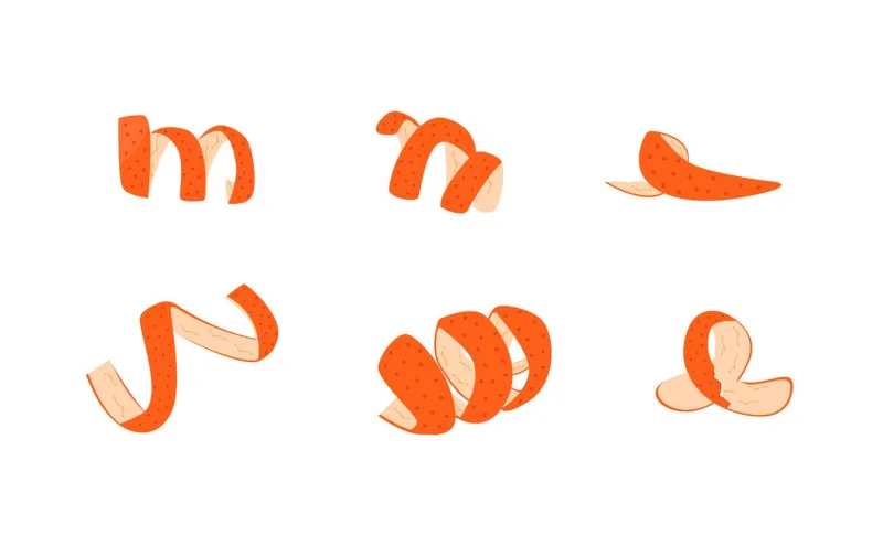 set of orange fruit peel collection of tangerine zest for cocktails collection of ribbon cut citrus peel mandarin, lemon, grapefruit or kumquat skin vector illustration on white background