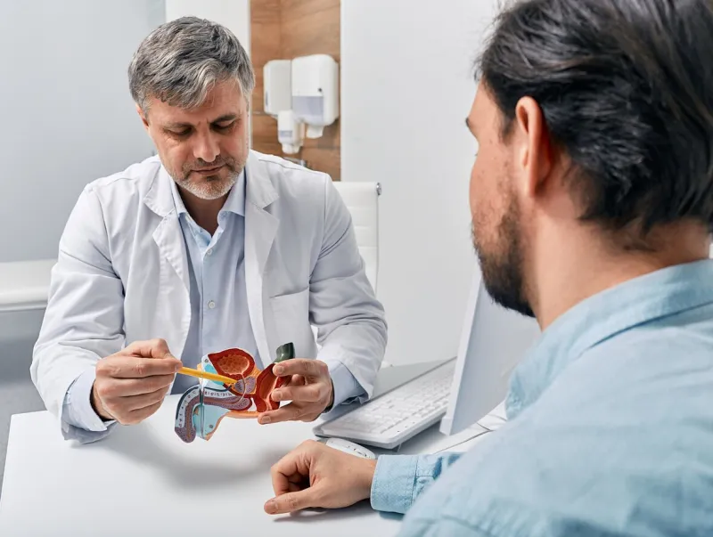 doctor urologist consulting patient with prostatitis, explaining to him methods of treatment using anatomical model of male reproductive system prostatitis treatment