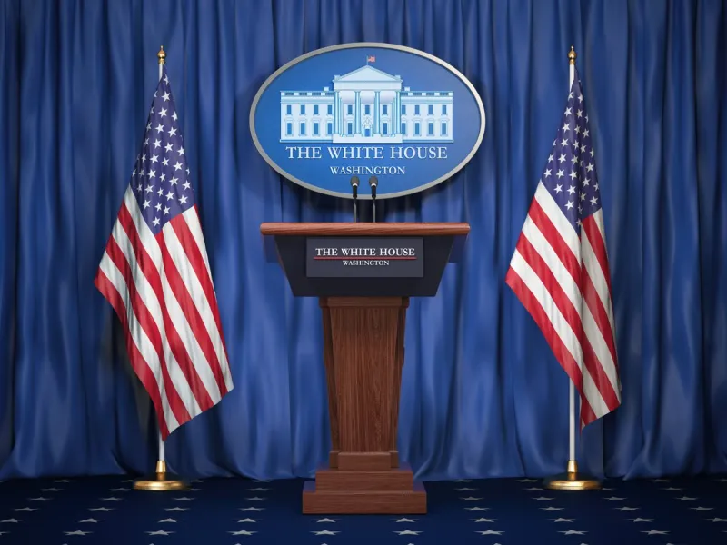 briefing of president of us united states in white house podium speaker tribune with usa flags and sign of white houise politics concept 3d illustration