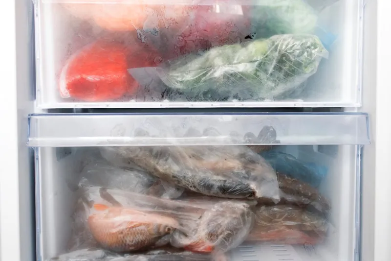 freezer refrigerator with a variety of frozen foods, frozen fish