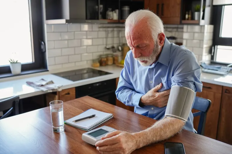 an elderly man with grey hair and a beard sits in his home kitchen, looking unwell and frightened while checking his blood pressure on a digital monitor he appears concerned or sick, reacting to the results