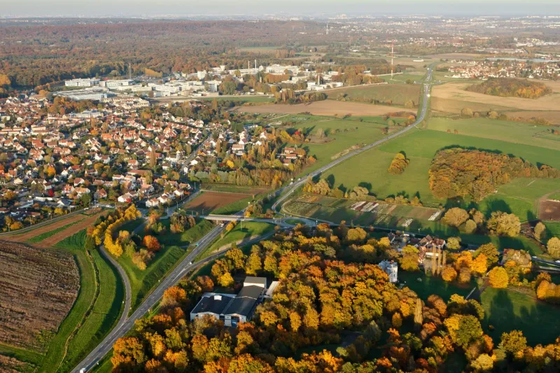 bruyères-le-châtel, france - october 30, 2015  city seen from the sky in autumn, ile-de-france région, france