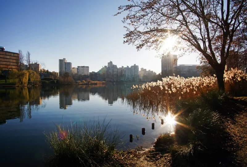modern towers reflection in the lake of creteil city in val de