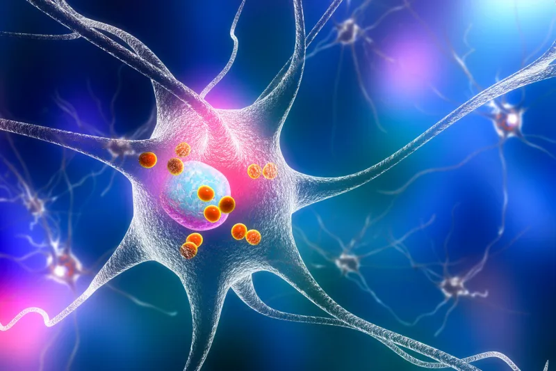 parkinson's disease 3d illustration showing neurons containing lewy bodies small red spheres which are deposits of proteins accumulated in brain cells that cause their progressive degeneration