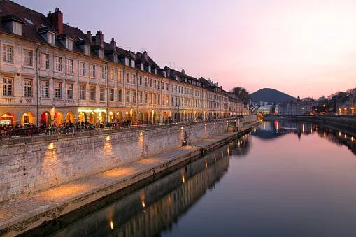 sunset on quai vauban in the city of besancon (franche-comte province in eastern france)