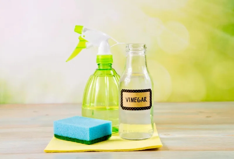 chemical free home cleaner products concept using natural destilled white vinegar in spray bottle to remove stains tools on wooden table, green bokeh background, copy space