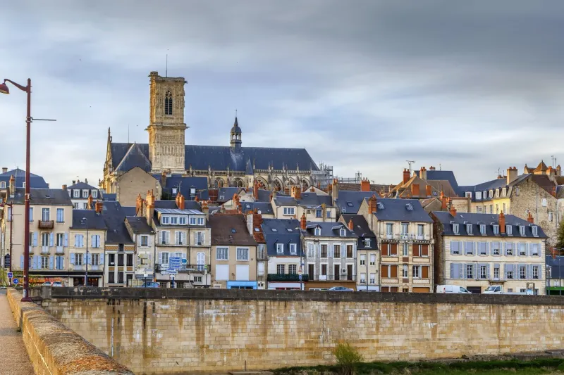 view of nevers from loire river bridge, france