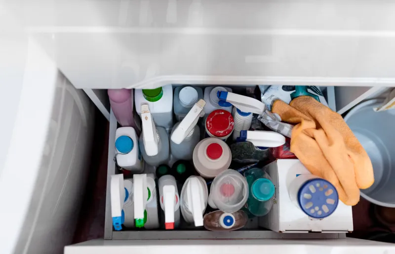 cupboard with household cleaning products