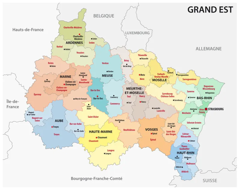 administrative map of the new french region grand est