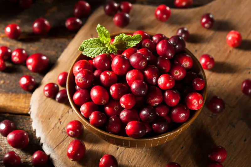 raw organic red cranberries in a bowl