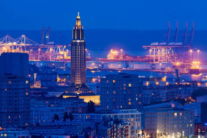 panorama of le havre at night le havre, normandy, france