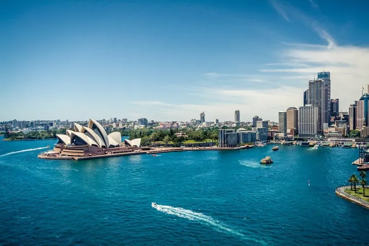 sydney opera house and circular quay, ferry terminus, from the harbour bridge