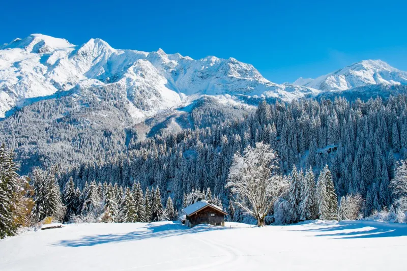 winter landscape of mont blanc from colombaz, les contamines, chamonix, france