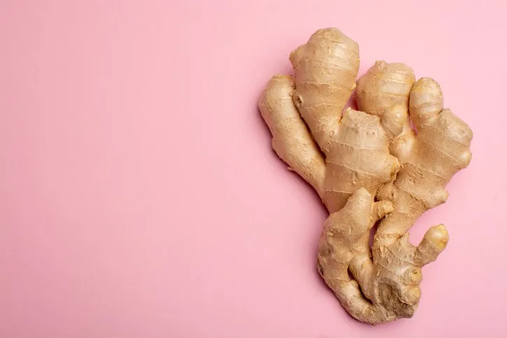 trendy food flat lay concept on light pink background with fresh big ginger root close up copy space isolated