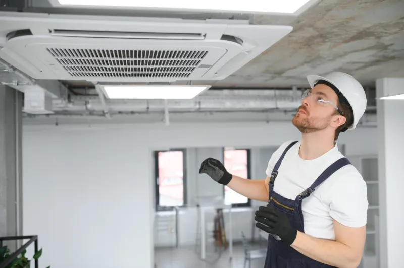 young repairman repairing ceiling air conditioning unit